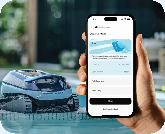 The Dolphin app showing cleaning modes next to an EON robot