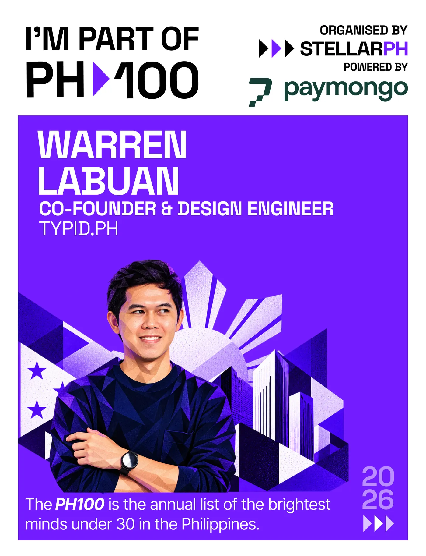 StellarPH PH100 2026 announcement card for Warren Labuan, Co-founder and Design Engineer at Typid