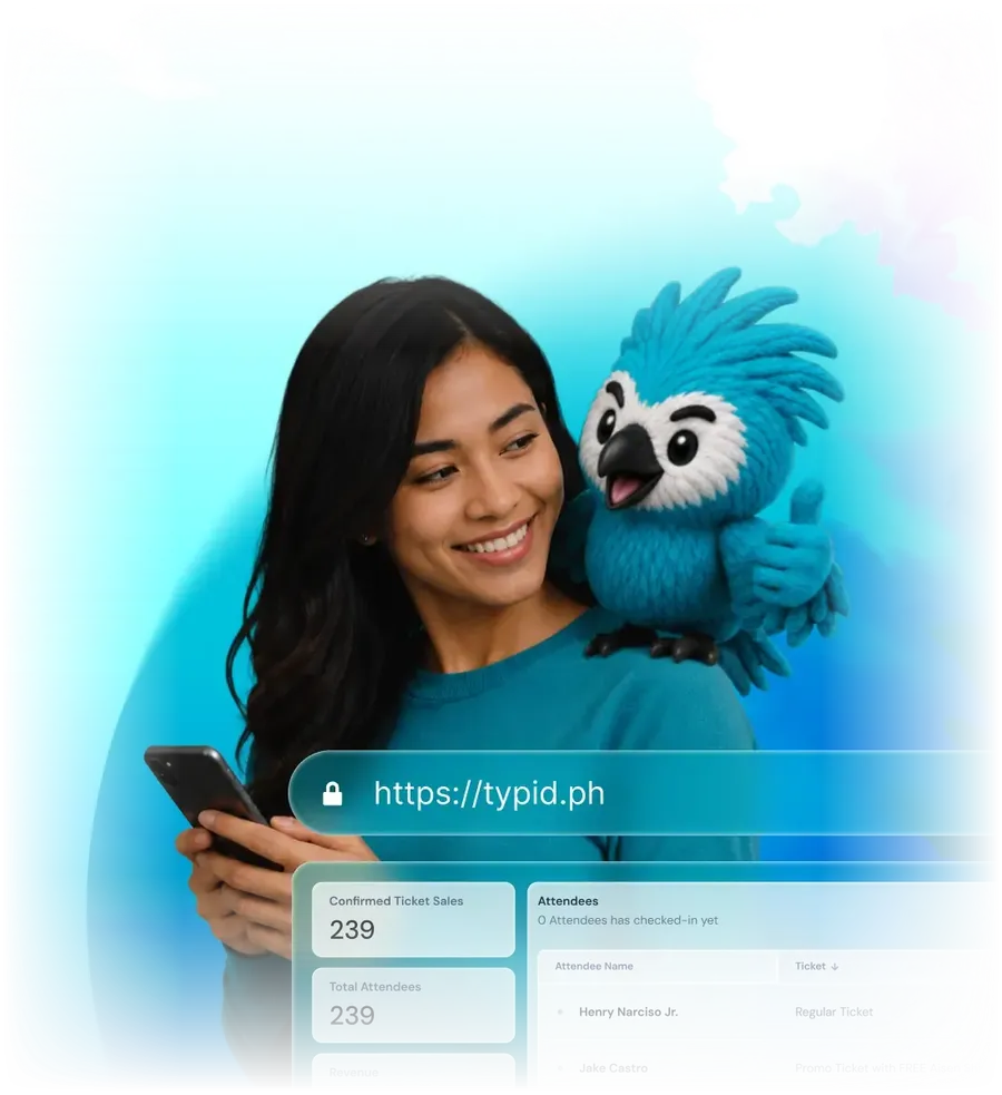 An event organizer smiling at her phone next to Dubits, the Typid mascot